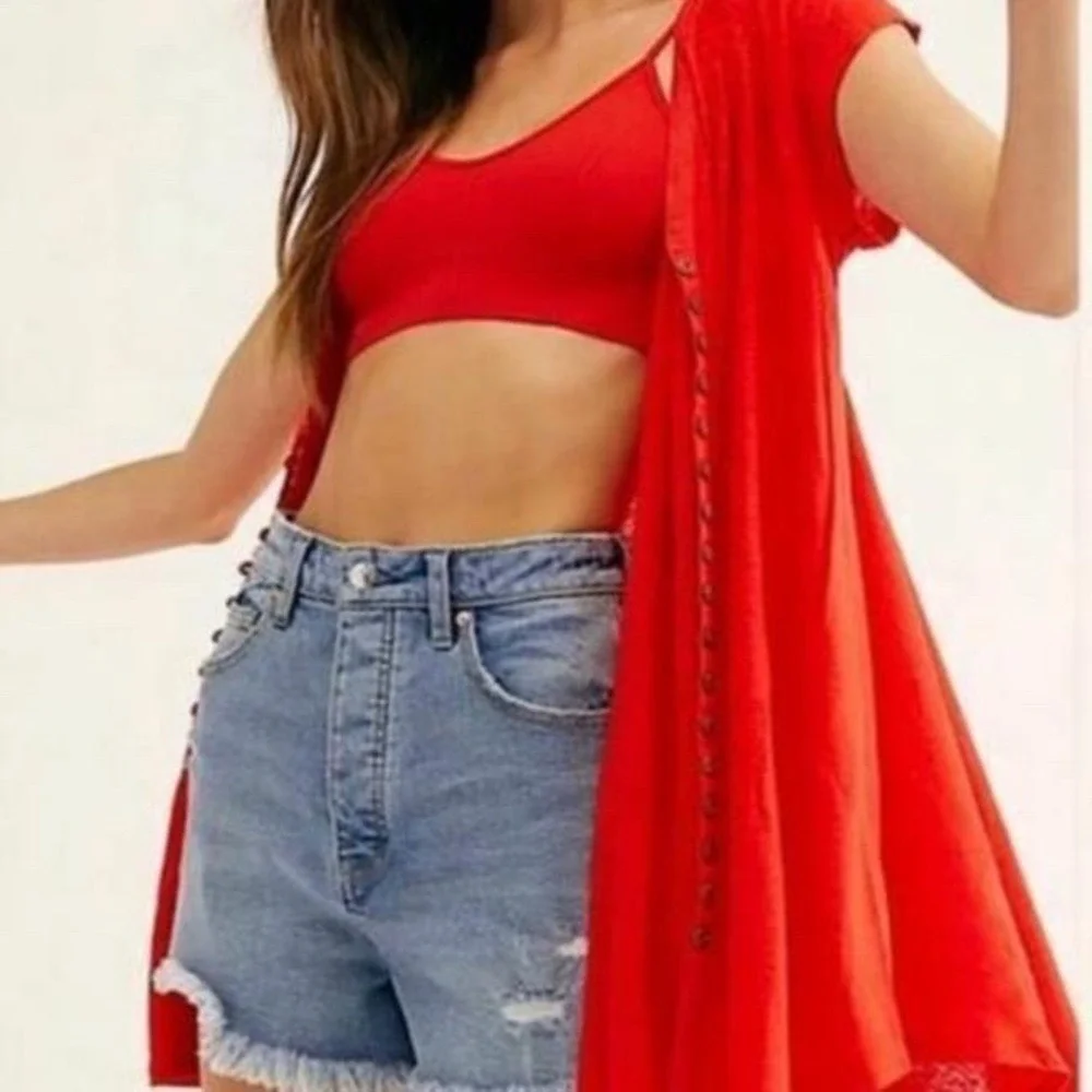 Free‎ People Highland V-Neck Linen Blend T-Shirt in Red Size XS